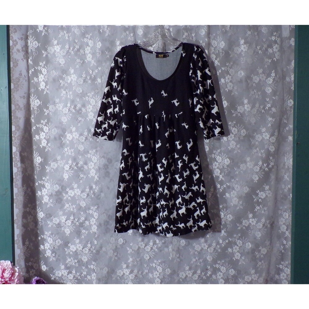 Deer Print Knit Mini Dress Size Medium Black & White Forest Nature Winter Cozy